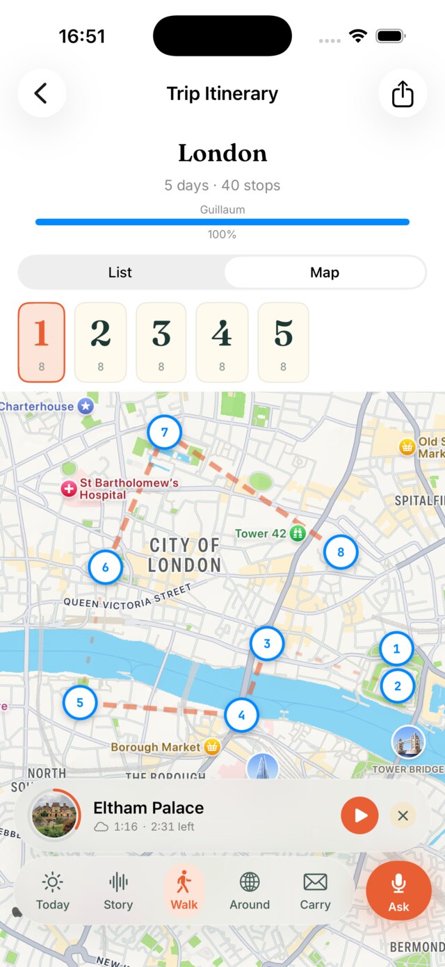 Audiala app — Itinerary screen