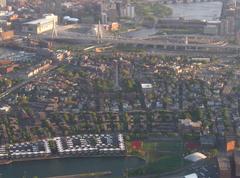 Aerial view of Charlestown with the Bunker Hill Memorial, Zakim Bridge, Science Museum, and North Garden in Boston