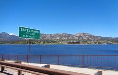 Scenic view of Estes Park, Colorado with mountains and town