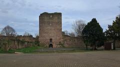 Inner courtyard of Burg Hayn with open-air theater stage in the background