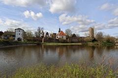 Panorama of Hayn Castle with Castle Church and Castle Pond in Dreieich