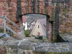 View through the city wall at the castle in Bad Liebenzell