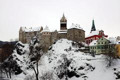 Loket Castle in winter covered with snow