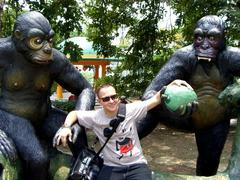 Apes and a person at Haw Par Villa in Singapore