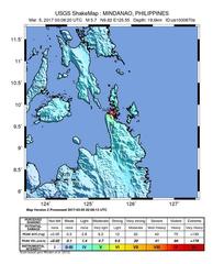 Map of 5.7 magnitude earthquake off the coast of Surigao, Mindanao, Philippines on March 5, 2017