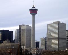 Calgary Tower in Calgary, Alberta, Canada with a flame on top