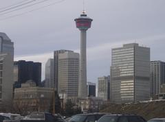 Calgary Tower with flame lit in honor of RCMP officers