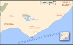 Map of Salvador highlighting Parque das Dunas, Lagoa do Abaeté, Farol de Itapuã, and Stella Mares