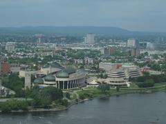 View from the observation deck of the Peace Tower of the Canadian Parliament looking towards the Museum of Civilization in Gatineau