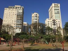 Panoramic view of children's playground with buildings in the background