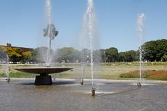 Praça do Buriti with well-maintained gardens, reflecting pools, and prominent fountains