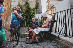 Two elderly women walking in Lisbon, Portugal