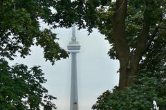 Casa Loma with CN Tower in the background seen from the garden