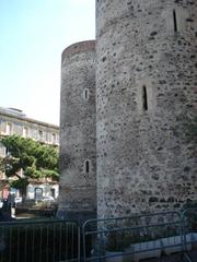 Towers of Castello Ursino castle in Catania, Italy, depicting a Jewish menorah