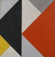 Abstract painting by Theo van Doesburg with geometric shapes in red, blue, black, and white