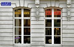 Restaurant windows facing Martyr's Square in Brussels, Belgium