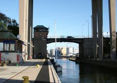 Skansbron Bridge in Stockholm under Skanstullsbron Pillars and Hammarbyslussen