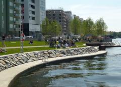 Hornsbergs Strandpark waterfront with people and greenery