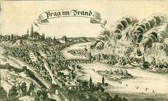 A painting depicting the Great Fire of Prague in 1689 with buildings engulfed in flames and panicked inhabitants fleeing