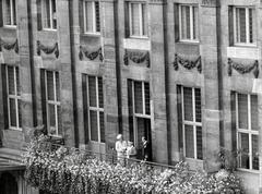 Princess Wilhelmina addressing the public from the balcony of the Royal Palace in Amsterdam