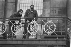 Workers cleaning the balcony of the Royal Palace of Amsterdam on April 30 during a throne changeover