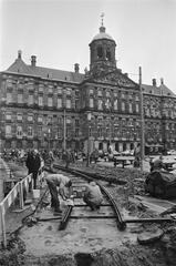 Construction of tram tracks at Dam Square in Amsterdam, 1977