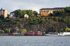 Mariaberget with Ivar Los park and hotel boats at Riddarfjärden, seen from Stadshusparken in Södermalm, Stockholm