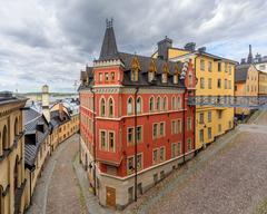 View of Pryssgränd and Bellmansgatan streets with an 1888 residential building in Mariaberget, Södermalm, Stockholm