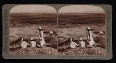 Three men in front of plain of Thebes with Memnon statues in background