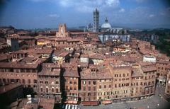 Panoramic view of Siena with Piazza del Campo and Siena Cathedral, taken from the tower in 1979