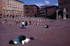 Piazza del Campo in Siena during a sunny day with historical buildings surrounding the square