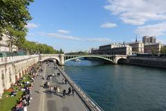 Parc Rives de Seine and Pont Notre-Dame viewed from Pont au Change in Paris