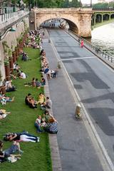 View of Parc Rives de Seine and Pont Notre-Dame in Paris