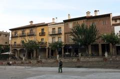 Poble Espanyol plaça Major south side buildings in Barcelona