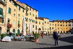 beautiful window boxes with flowers on a building in Lucca, Italy