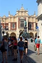 Hauptmarktplatz in Krakow with historical buildings and people