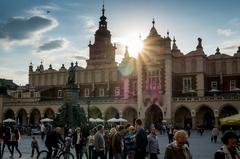 Krakow cityscape with historic architecture and blue sky