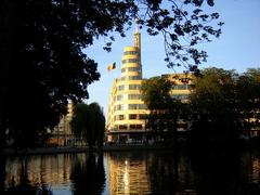 Flagey Square seen from Ixelles Ponds in Brussels, Belgium