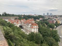 Panoramic view of Prague with historical buildings, river, and bridges