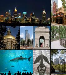 Montage of Atlanta images including skyline, Fox Theatre, Georgia State Capitol, Olympic Centennial Park, Millennium Gate, Canopy Walk, Georgia Aquarium, Phoenix statue, Midtown Skyline