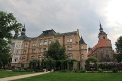 Building of the West Bohemian Museum and the Monastery Church of the Assumption of the Virgin Mary seen from Šafaříkovy Sady