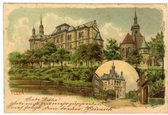 Historic postcard of Plzeň Museum and school