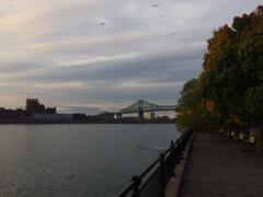 view from Jean-Drapeau Park ferry dock across St. Lawrence River towards Centre-Sud neighbourhood with Molson Brewery and Jacques Cartier Bridge visible