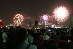 375th anniversary celebration of Montreal with illuminated bridge and crowd at night