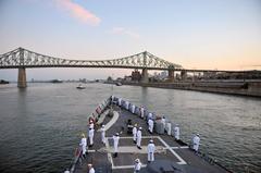 Sailors man the rails aboard USS DeWert as it arrives in Montreal