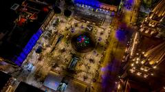 Nighttime aerial drone view of the Historic Center of Guadalajara