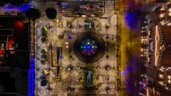 Nighttime aerial drone view of the Historic Center of Guadalajara, Jalisco, Mexico