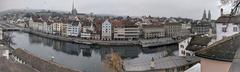 View from Lindenhof in Zurich, Switzerland showing the city's skyline and Limmat River