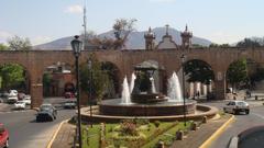 Morelia Aqueduct and fountain in Mexico