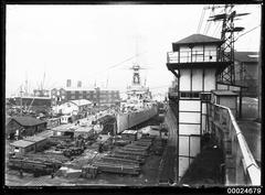 Admiral Jellicoe's flagship HMS New Zealand in Sutherland Dock at Cockatoo Island